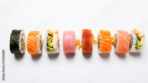 Delicious rolls with salmon, rice, traditional Asian seafood set on a white background
