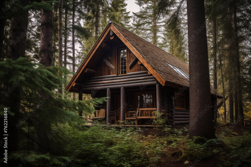 Rustic wooden cabin in the forest. Generative AI Rustic wooden cabin in the forest. Generative AI