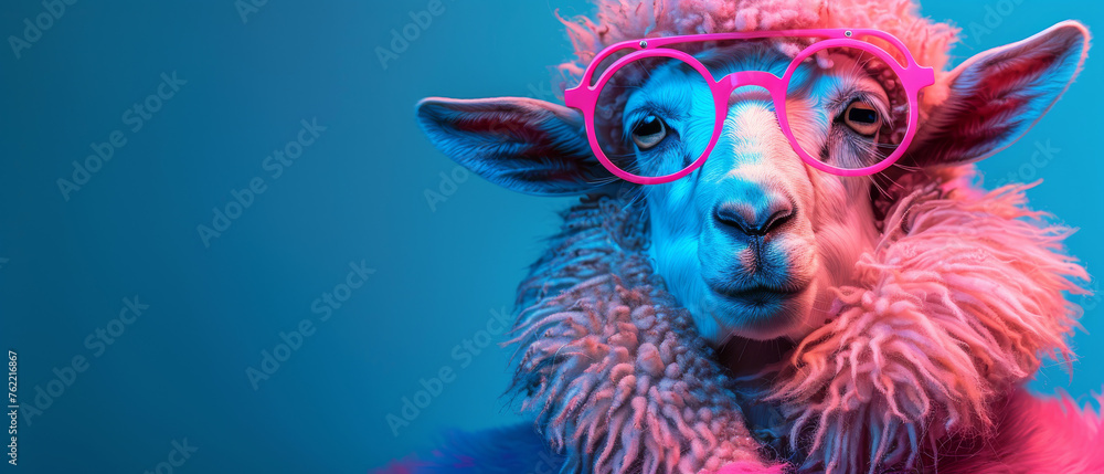 A playful pink llama enhanced with a creative overlay adds artistic flair against a blue backdrop