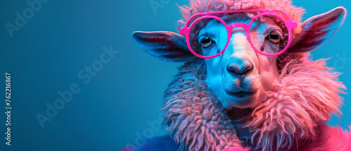A playful pink llama enhanced with a creative overlay adds artistic flair against a blue backdrop