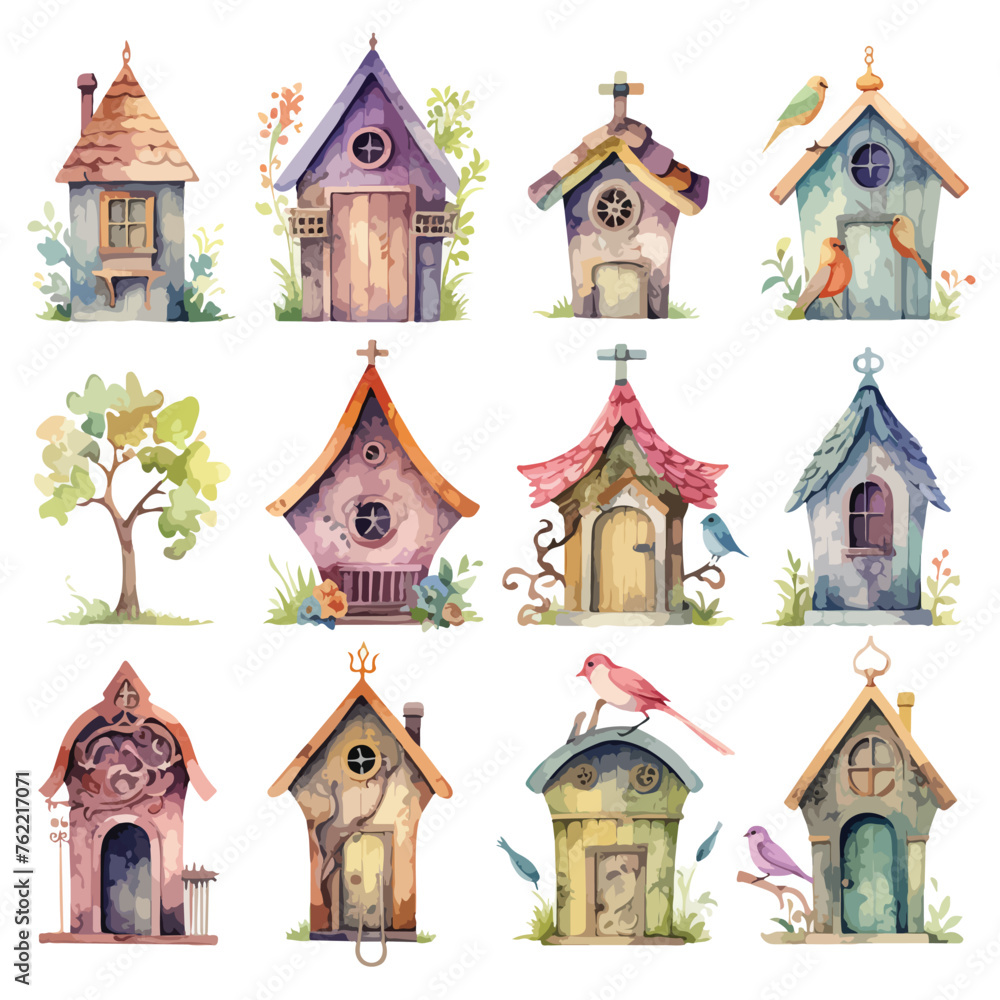 Ornate Victorian Birdhouses Watercolor Clipart 