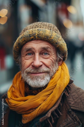 Elderly man smiling at camera. A close-up portrait of an elderly, man with a warm smile, wearing fashionable clothes.