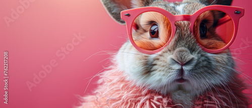 A cute rabbit with an intellectual look sports oversized pink glasses and a fluffy pink boa against a vibrant red backdrop