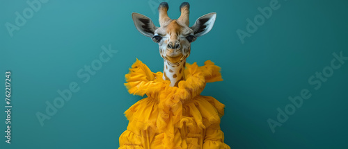 A dignified giraffe exhibits poise and fashion sense in a luxurious yellow feathered dress set against a teal backdrop