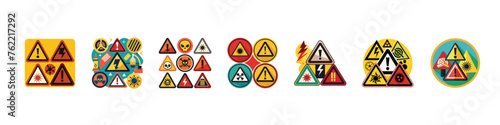 Caution warning signs set. Exclamation marks, Warning label, warning tape, danger signs vector. Set of Triangular Warning Hazard Signs, 