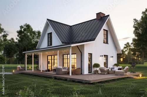 Beautiful modern farmhouse home exterior with large open porch, white walls and black roof at sunset