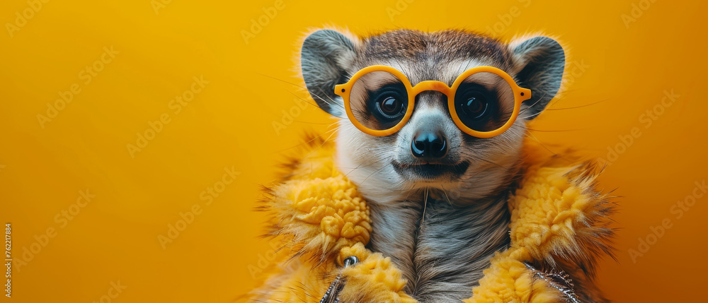An expressive meerkat with a piercing gaze wearing bold yellow sunglasses and a matching yellow fur coat