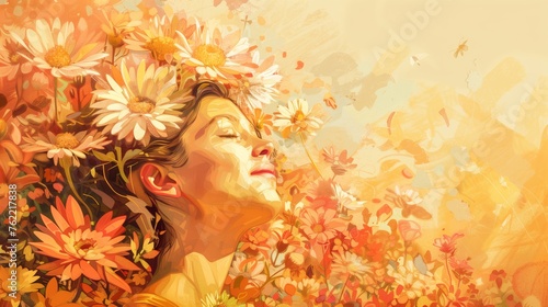 joyful woman with flowers, warm tones, mother's day 