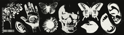 Trendy elements with a retro negative photocopy effect. y2k elements for design. Skull, flowers, butterflies, hand, mouth, eye, lips, ear.	 photo