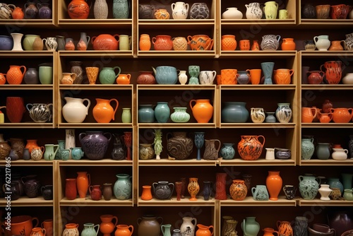 Handcrafted Pottery vases art shelves. Old pot. Generate Ai