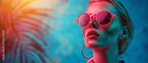 The image depicts a woman enjoying a tropical setting, highlighted by a stunning sun flare and cool tones, suggesting tranquility and freedom