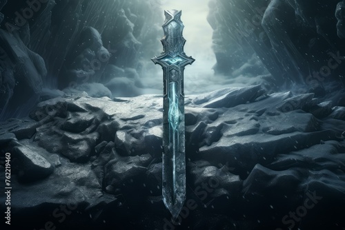 Unmelting Powerful frozen sword. Sky nature. Generate Ai