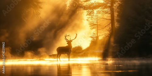 Silhouette Male deer by the river in deep forest at misty golden morning light 