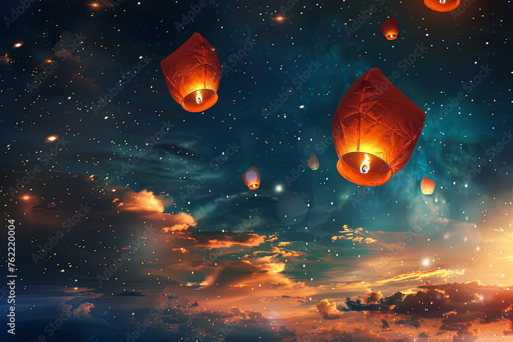Traditional flying lanterns for background - obrazy, fototapety, plakaty 