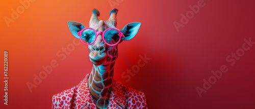 A fashion-conscious giraffe in a red and white printed shirt poses confidently against a red backdrop