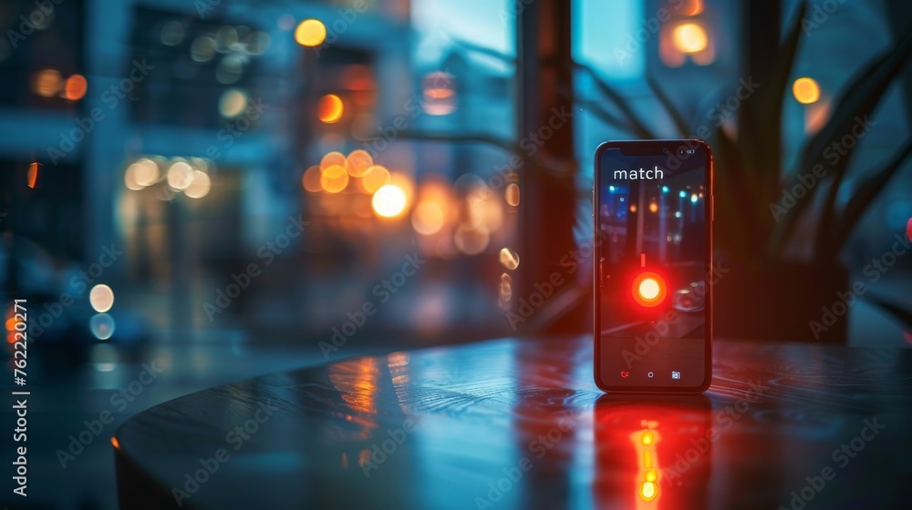 Smartphone with match notification on screen in evening city setting