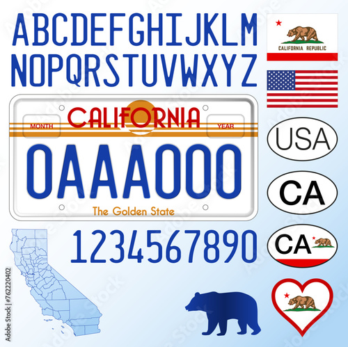 California state car license plate  old style  letters  numbers and symbols  vector illustration  United States of America