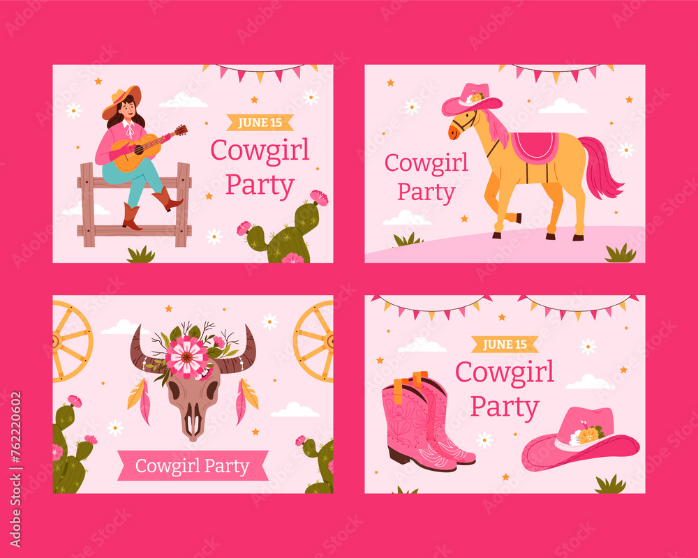 Cowgirl cards in flat design Cowgirl cards in flat design