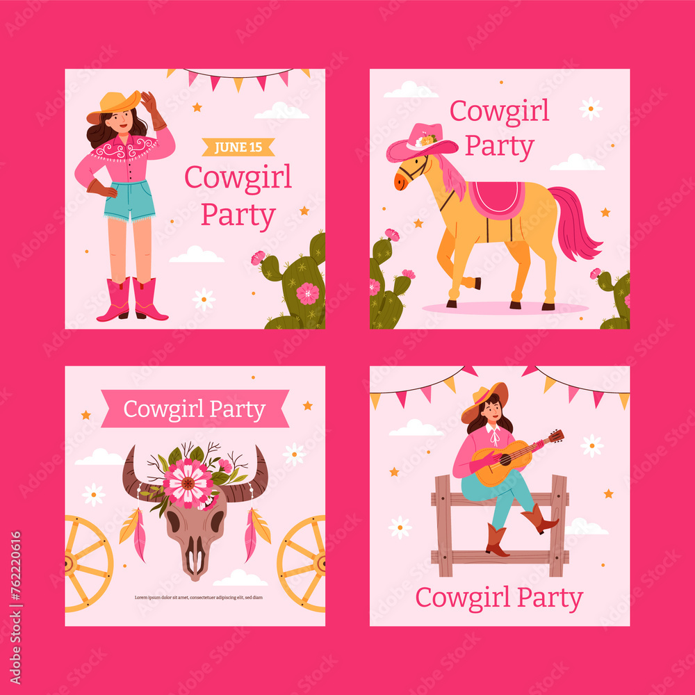 Cowgirl cards in flat design