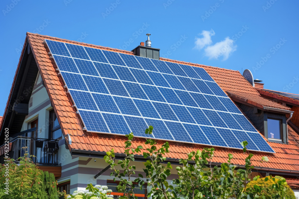 Fototapeta premium Photovoltaic panels on the roof of sustainable house. Living building with solar battery. Concept of renewable energy use in a residential setting
