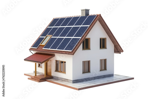 Model of house with photovoltaic panels on the roof isolated on transparent background. Living building with solar battery.