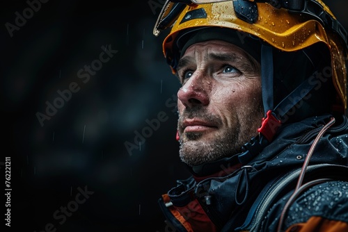 Close-up of a technical rescue expert in gear during a rainstorm © Fat Bee