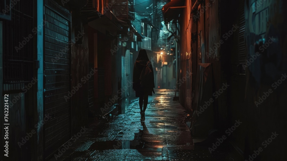 A dark alleyway with a lone woman walking, highlighting the dangers women often face in public spaces.