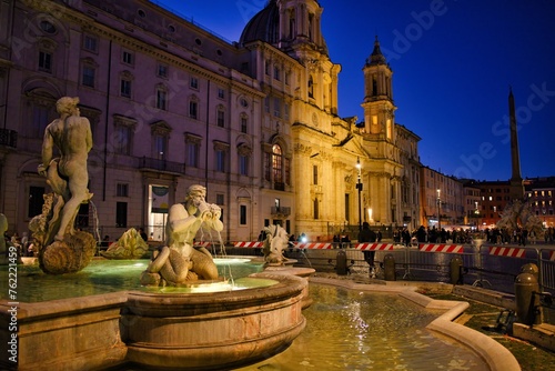 Fountain of the Moor in Piazza Navona city square at night