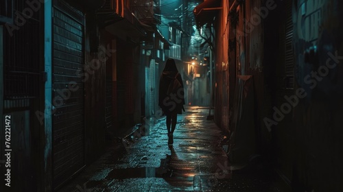 A dark alleyway with a lone woman walking, highlighting the dangers women often face in public spaces.