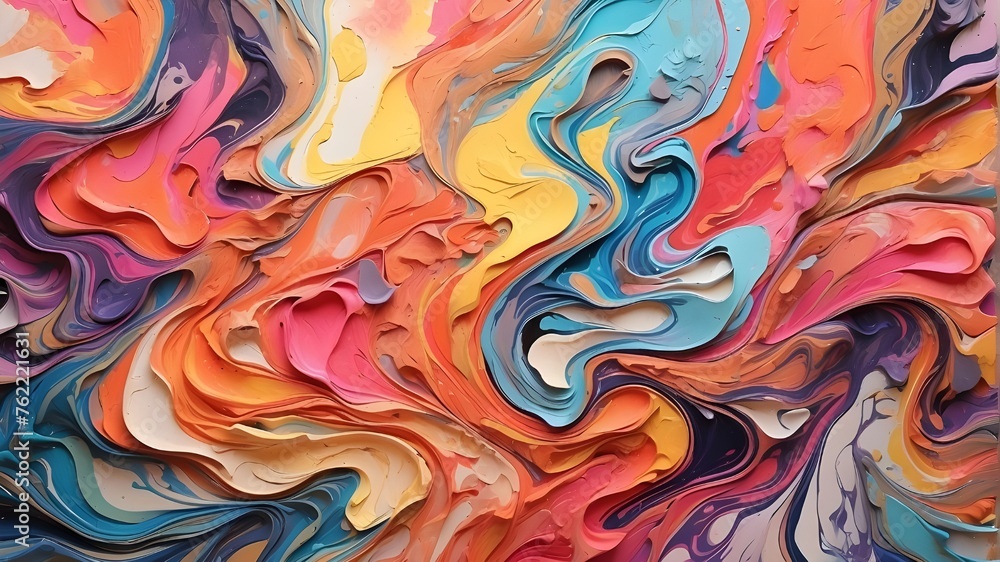 Bright hues, rainbow color swirls, and a banner with a colorful background are all featured in this abstract marbled acrylic paint and ink painting.