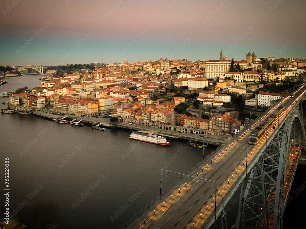 View of the river Douro with Luís I Bridge and Ribeira neighborhood at the dusk, Porto, Portugal, January 2019