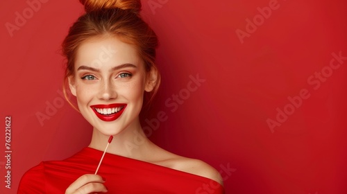 Woman in Red Dress Holding Lollipop