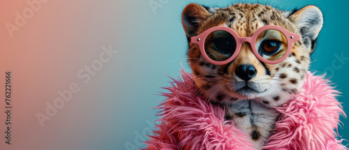 A stylish woman dons a vibrant pink feathercoat, providing texture against a dual-tone blue and orange backdrop, face obscured for anonymity