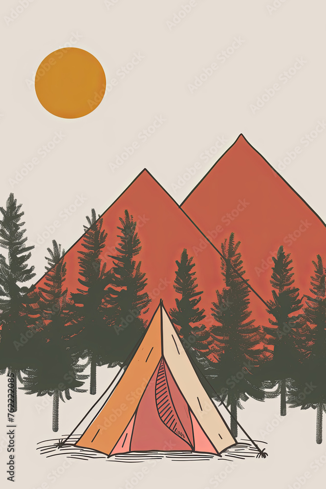 Doodle drawing style of camping in a national park Doodle drawing style of camping in a national park