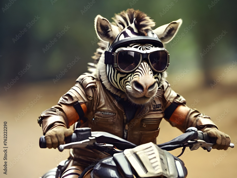 A zebra drives a motorcycle. Motorbike on the road riding. A zebra drives a motorcycle. Motorbike on the road riding.