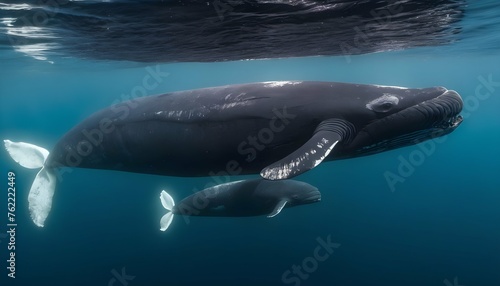 A Mother And Calf Bowhead Whale Swimming Side By S