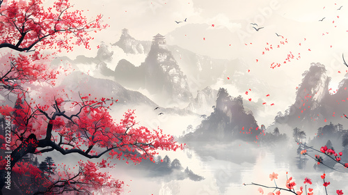 Japanese-inspired background merges traditional Chinese artistry with contemporary design elements. Featuring a blend of vibrant hues, cherry blossom motifs, and serene landscapes, perfect for celebra