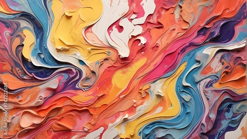 Bright hues, rainbow color swirls, and a banner with a colorful background are all featured in this abstract marbled acrylic paint and ink painting. © Shehzad