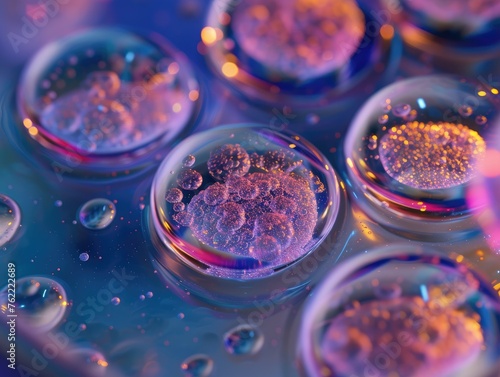 Microscopic view of embryonic stem cells in a culture dish petri. Pluripotent cells as they begin to differentiate into various cell types. Stem cells their uniform yet undetermined structures. AI.