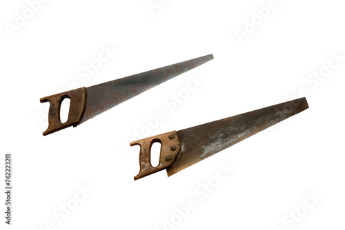 two old rusty hand saws isolated on white background