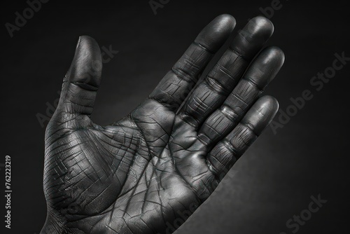 Hand raised upward by the palm of dark-skinned man. Generative AI photo