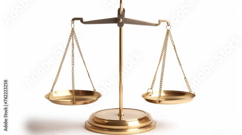 An iconic gold brass balance scale, isolated on white, representing the timeless symbol of justice and equality