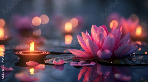 Diwali is an Indian holiday, the festival of fire. Lotus flowers and diyas oil lamps. 