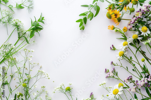 A frame of beautiful, spring flowers on a gray background