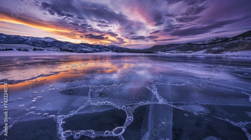 The intricate patterns of cracks and air bubbles captured within the ice across a lake