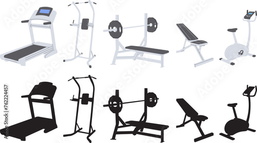 exercise equipment in flat style set, vector