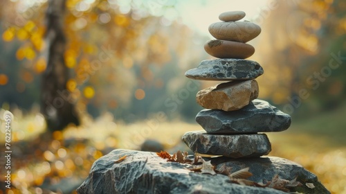 The pursuit of life's enjoyment through the act of balancing natural stones, signifying the alignment of body, mind, soul, and spirit for mental well-being photo