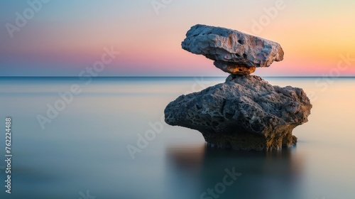 The serene balance of rock formations against the tranquil backdrop of the sea, symbolizing harmony and stability in nature photo