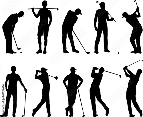 men playing golf silhouette set, vector