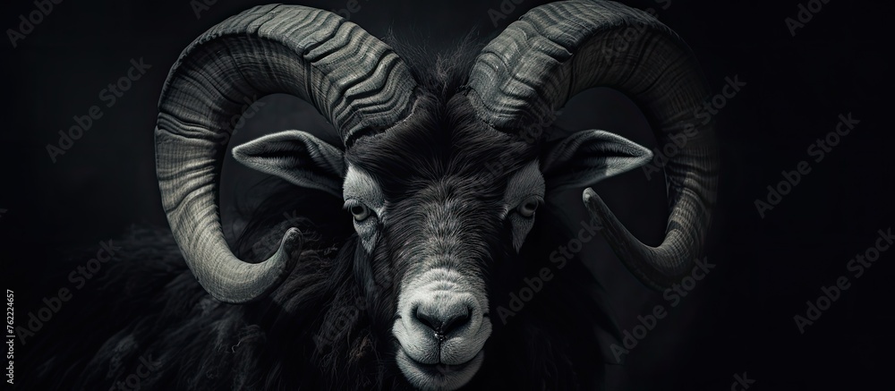 A black and white sculpture portraying a working animal a ram with large horns. Symbolizing strength and symmetry, it evokes images of elephants and mammoths in darkness - obrazy, fototapety, plakaty 